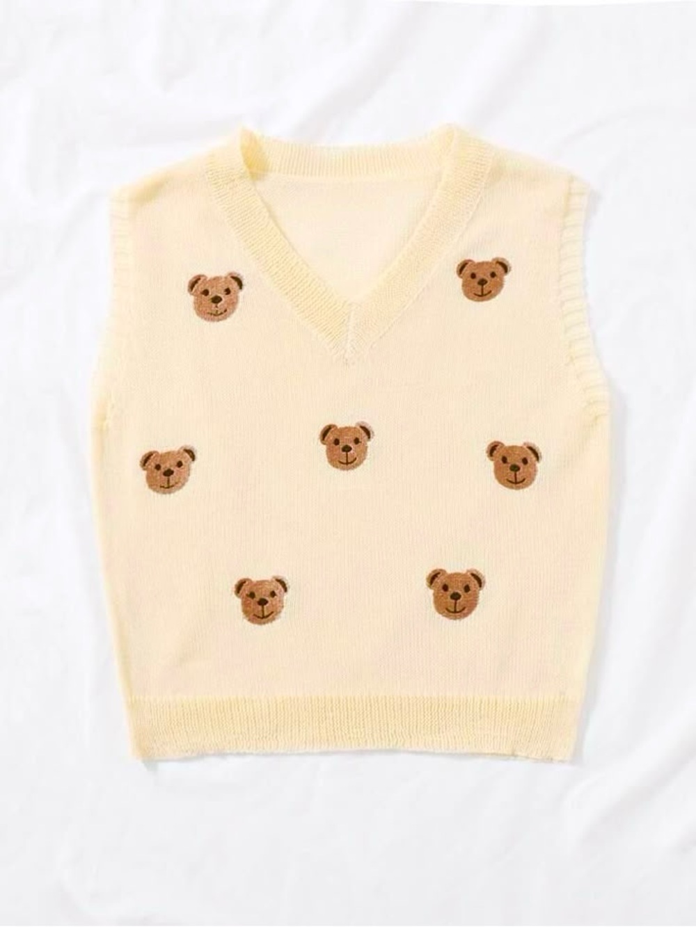 (NEW) Fashion Nova Cream Teddy Embroidered V-Neck Sweater Vest